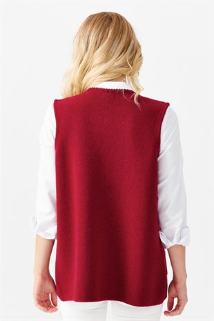 Женский лоскутный шерстяной жилет с круглым вырезом, вишневый 