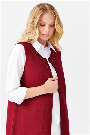 Женский лоскутный шерстяной жилет с круглым вырезом, вишневый 