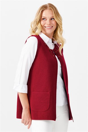 Женский лоскутный шерстяной жилет с круглым вырезом, вишневый 