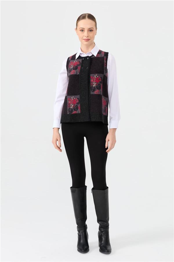 Kadın Sıfır Yaka Patchwork Arkası Keçe Kısa Yün Yelek Siyah