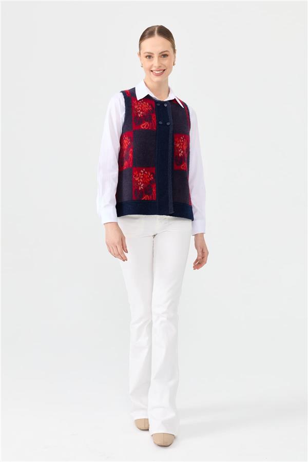 Kadın Sıfır Yaka Patchwork Arkası Keçe Kısa Yün Yelek Y.A Lacivert