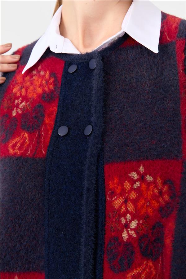 Kadın Sıfır Yaka Patchwork Arkası Keçe Kısa Yün Yelek Y.A Lacivert