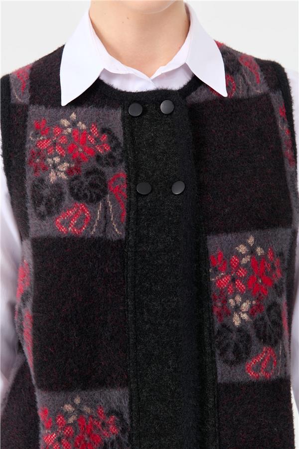 Kadın Sıfır Yaka Patchwork Arkası Keçe Kısa Yün Yelek Siyah