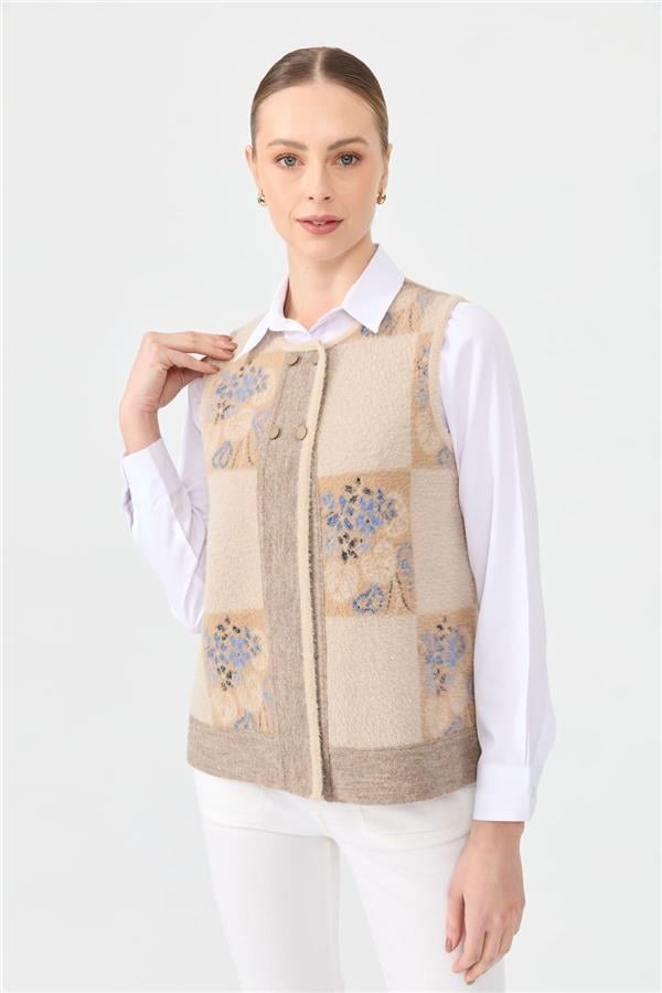 Kadın Sıfır Yaka Patchwork Arkası Keçe Kısa Yün Yelek Bej