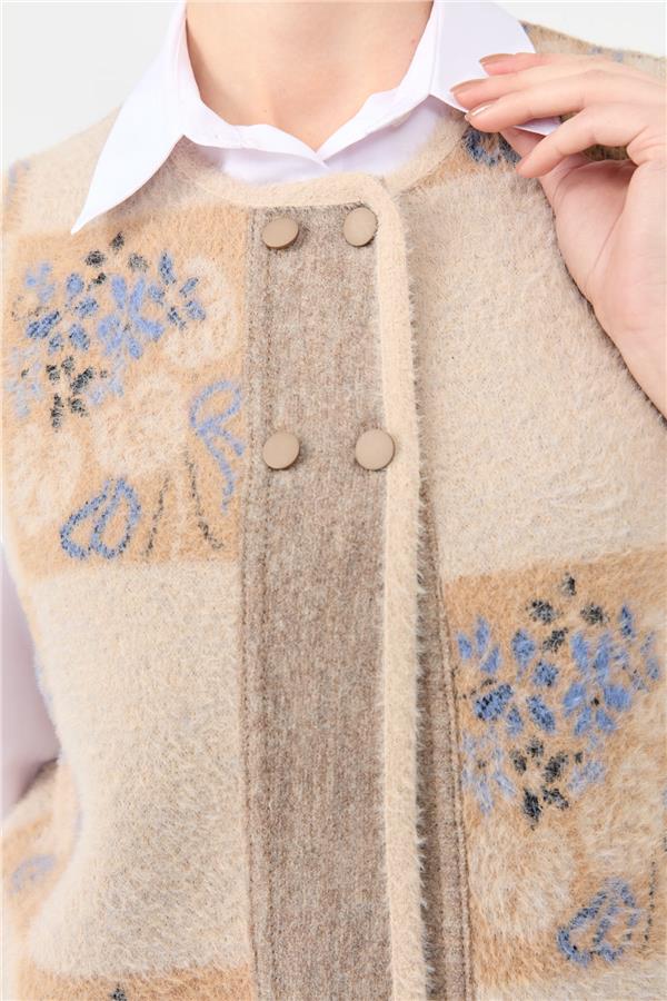 Kadın Sıfır Yaka Patchwork Arkası Keçe Kısa Yün Yelek Bej