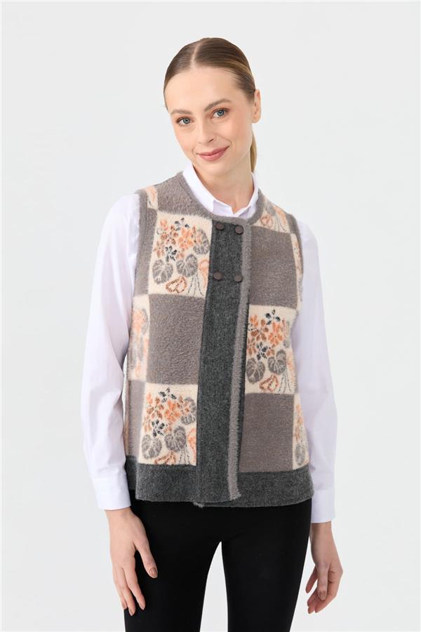 Kadın Sıfır Yaka Patchwork Arkası Keçe Kısa Yün Yelek Füme