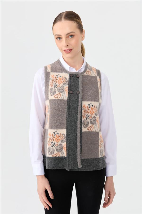 Kadın Sıfır Yaka Patchwork Arkası Keçe Kısa Yün Yelek Füme