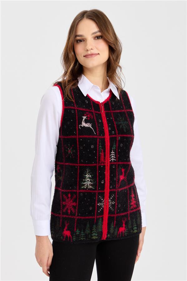 Womens Crew Neck Patchwork New Year Patterned Vest Black