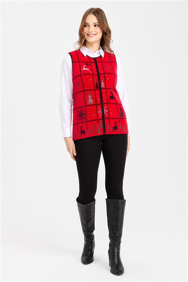Womens Crew Neck Patchwork New Year Patterned Vest Red