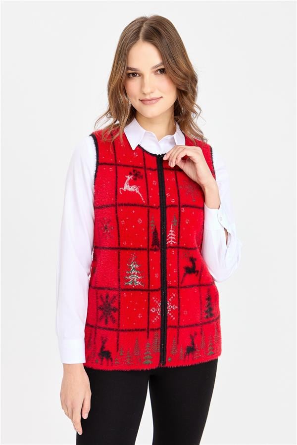 Womens Crew Neck Patchwork New Year Patterned Vest Red