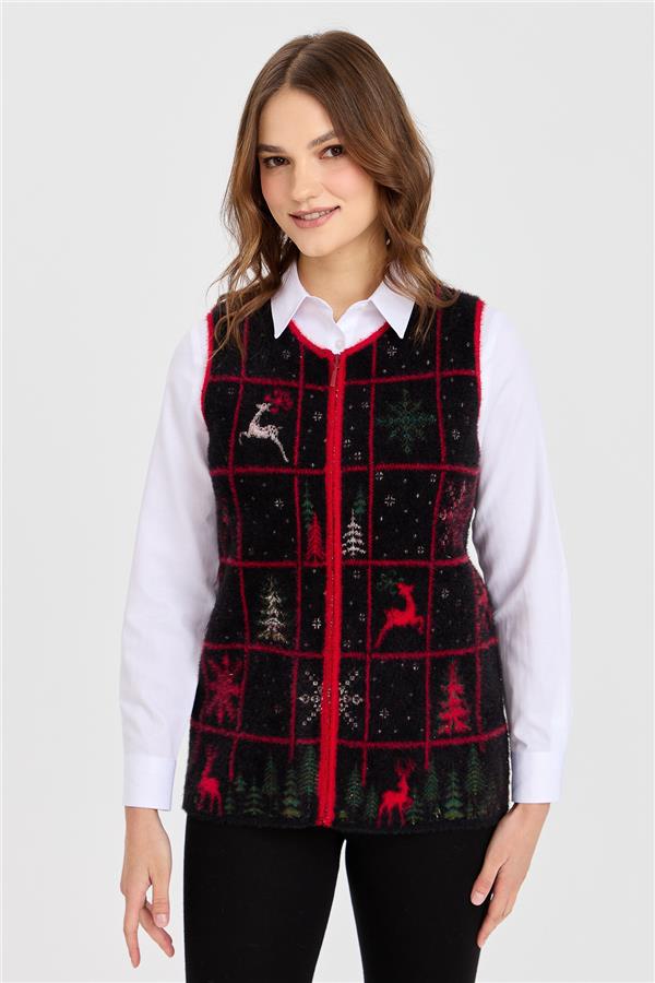 Womens Crew Neck Patchwork New Year Patterned Vest Black