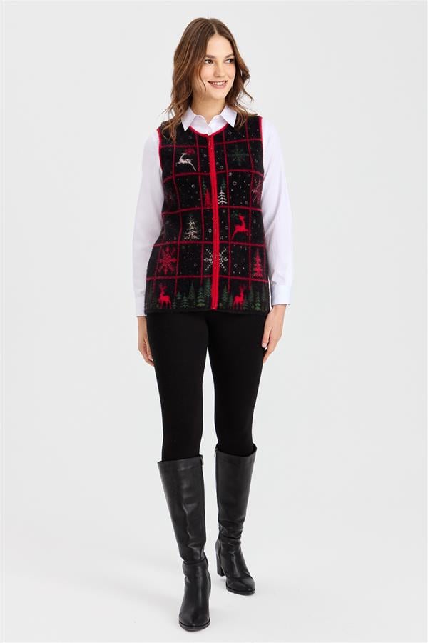 Womens Crew Neck Patchwork New Year Patterned Vest Black