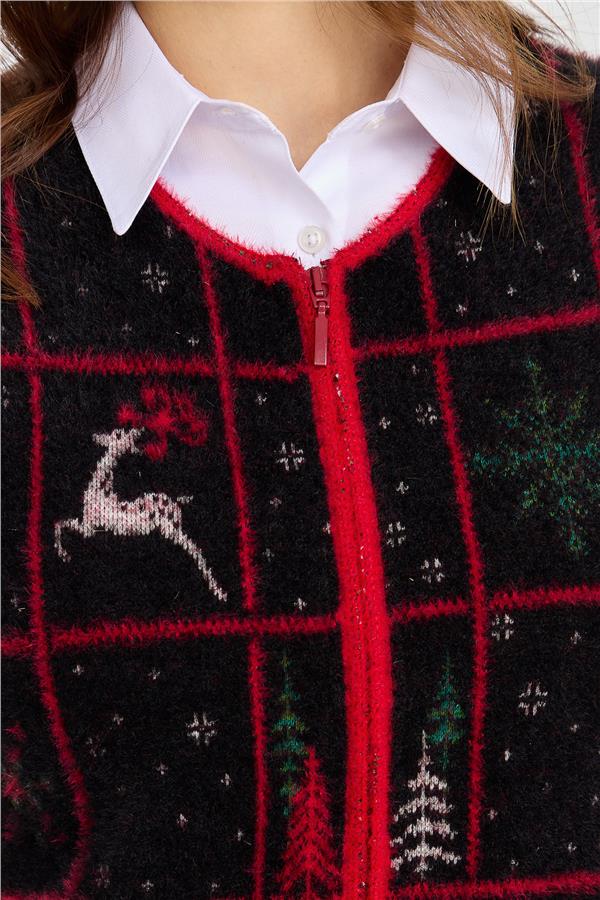 Womens Crew Neck Patchwork New Year Patterned Vest Black