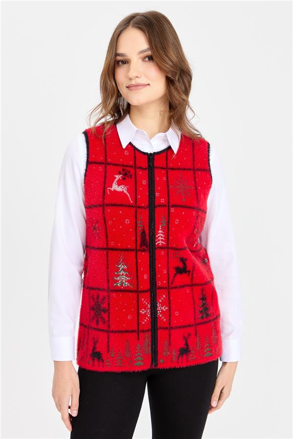 Womens Crew Neck Patchwork New Year Patterned Vest Red