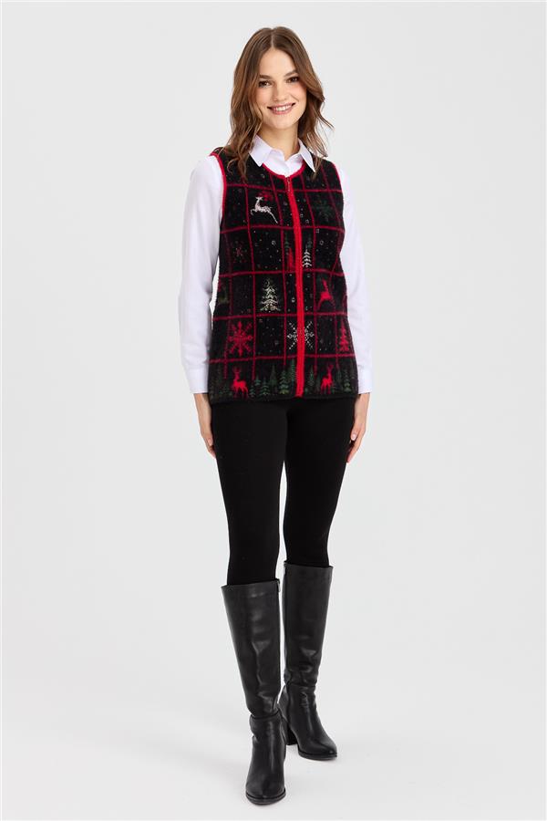 Womens Crew Neck Patchwork New Year Patterned Vest Black