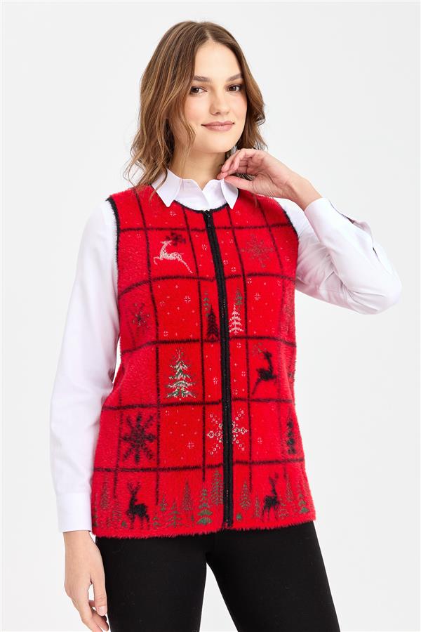Womens Crew Neck Patchwork New Year Patterned Vest Red