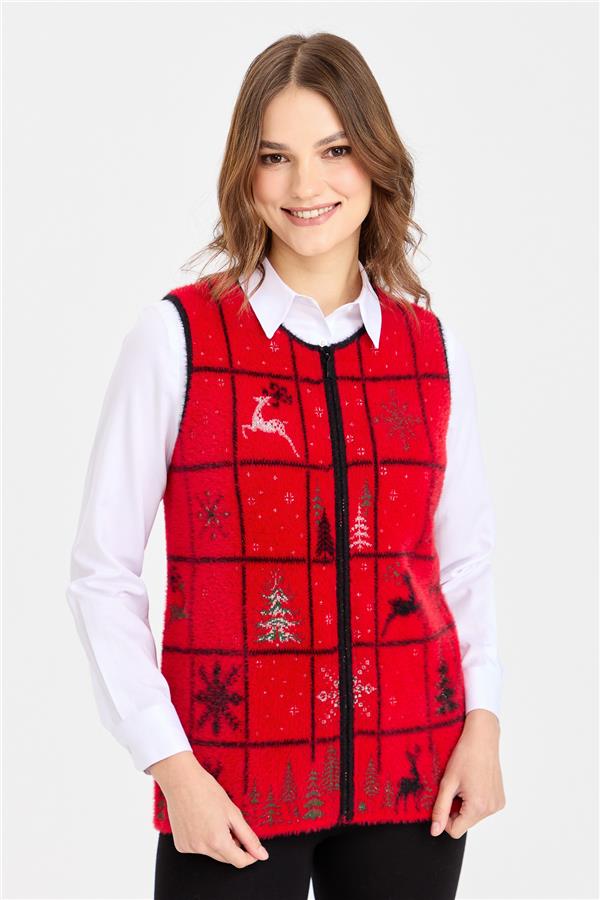 Womens Crew Neck Patchwork New Year Patterned Vest Red
