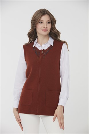 Womens Patchwork Wool Waistcoat With Crew Neck Brown