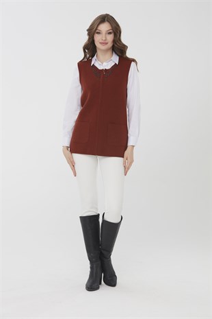 Womens Patchwork Wool Waistcoat With Crew Neck Brown