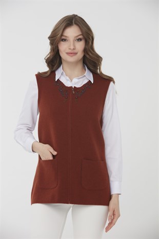 Womens Patchwork Wool Waistcoat With Crew Neck Brown