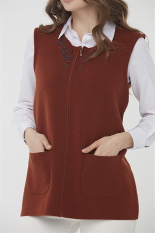 Womens Patchwork Wool Waistcoat With Crew Neck Brown