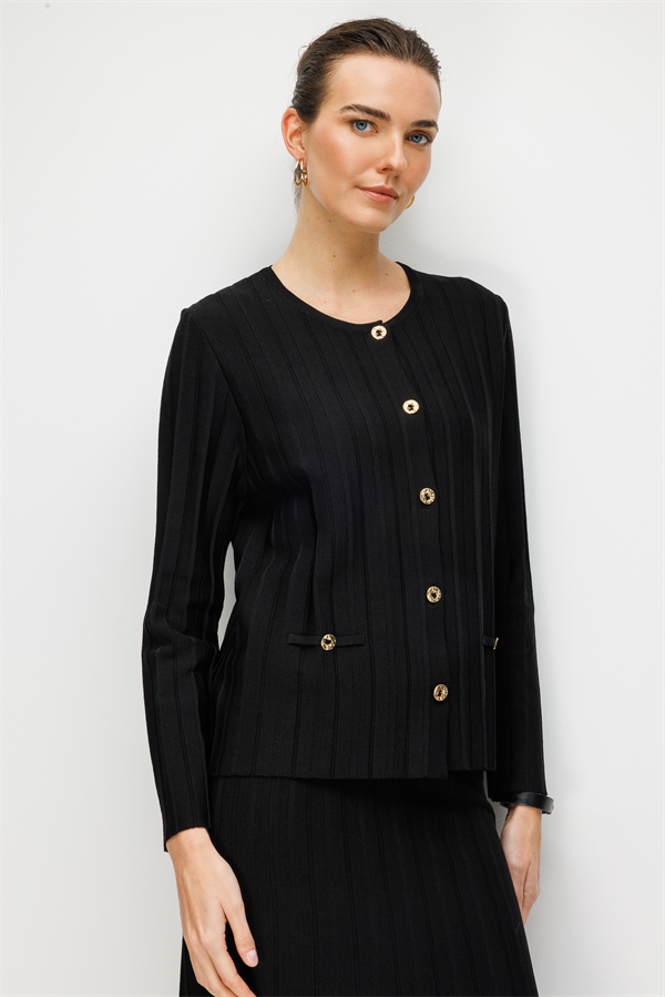 Kadın Sıfır Yaka Pileli Kısa Triko Ceket Siyah