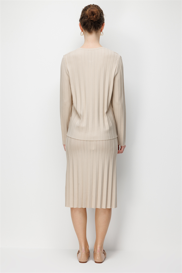 Kadın Sıfır Yaka Pileli Kısa Triko Ceket Bej