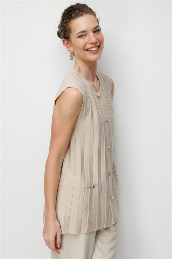 Kadın Sıfır Yaka Pileli Uzun İnce Triko Yelek Bej