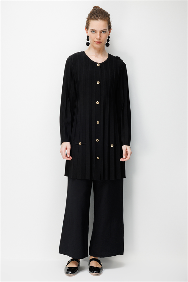 Kadın Sıfır Yaka Pileli Uzun Triko Ceket Siyah