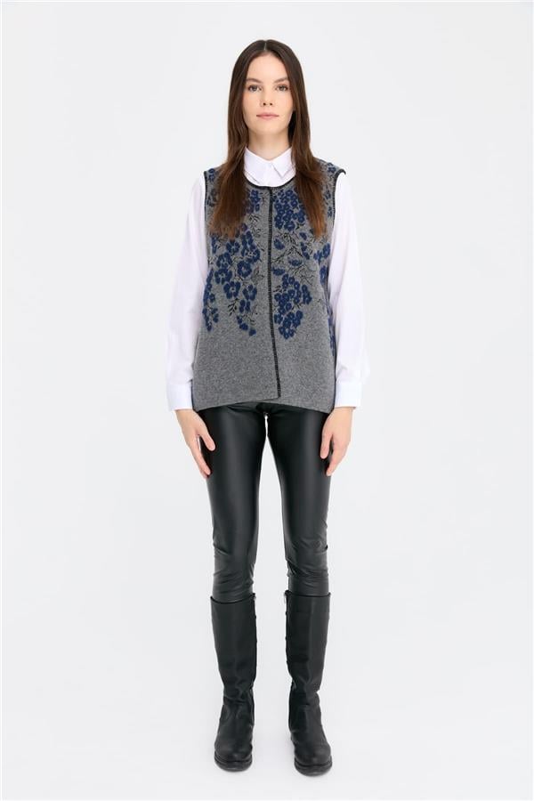 Kadın Sıfır Yaka Pıtırcık Çiçekli Yün Yelek Füme