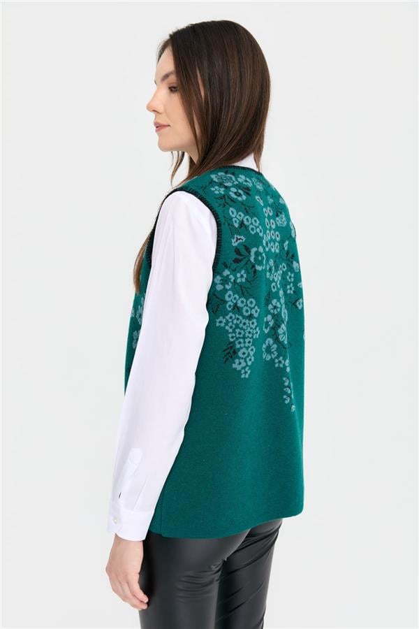 Kadın Sıfır Yaka Pıtırcık Çiçekli Yün Yelek K.Ö.başı