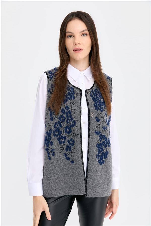 Kadın Sıfır Yaka Pıtırcık Çiçekli Yün Yelek Füme