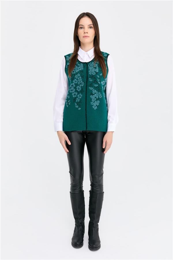 Kadın Sıfır Yaka Pıtırcık Çiçekli Yün Yelek K.Ö.başı