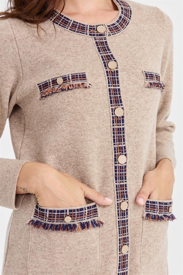 Женское шерстяное пальто с круглым вырезом и квадратными аксессуарами с кисточками