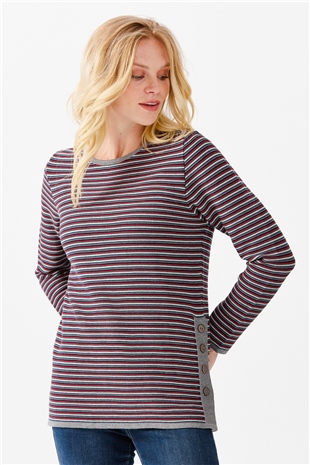 Женская туника с круглым вырезом в полоску, с одним боковым разрезом, на пуговицах, серая