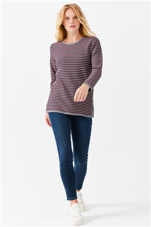 Женская туника с круглым вырезом в полоску, с одним боковым разрезом, на пуговицах, серая