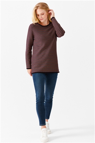 Женская туника с круглым вырезом в полоску, с одним боковым разрезом, на пуговицах, черный