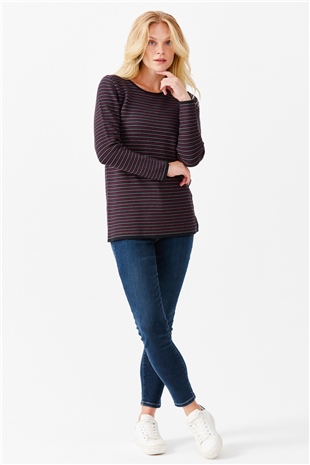 Женская туника с круглым вырезом в полоску, с одним боковым разрезом, на пуговицах, синий