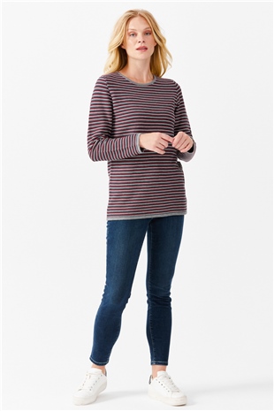 Женская туника с круглым вырезом в полоску, с одним боковым разрезом, на пуговицах, серая