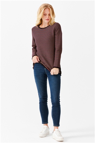 Женская туника с круглым вырезом в полоску, с одним боковым разрезом, на пуговицах, черный