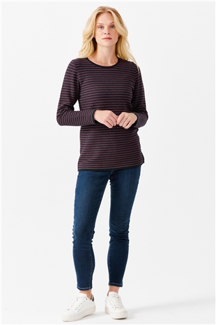 Женская туника с круглым вырезом в полоску, с одним боковым разрезом, на пуговицах, синий