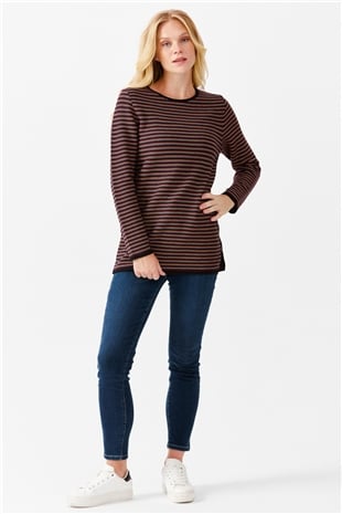 Женская туника с круглым вырезом в полоску, с одним боковым разрезом, на пуговицах, черный