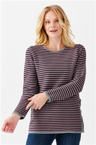 Женская туника с круглым вырезом в полоску, с одним боковым разрезом, на пуговицах, серая