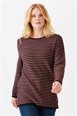 Женская туника с круглым вырезом в полоску, с одним боковым разрезом, на пуговицах, черный