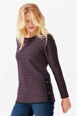 Женская туника с круглым вырезом в полоску, с одним боковым разрезом, на пуговицах, синий