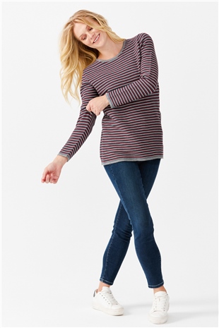 Женская туника с круглым вырезом в полоску, с одним боковым разрезом, на пуговицах, серая