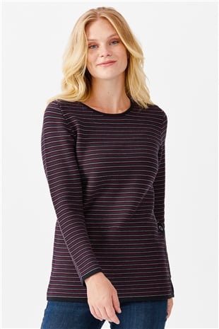 Женская туника с круглым вырезом в полоску, с одним боковым разрезом, на пуговицах, синий