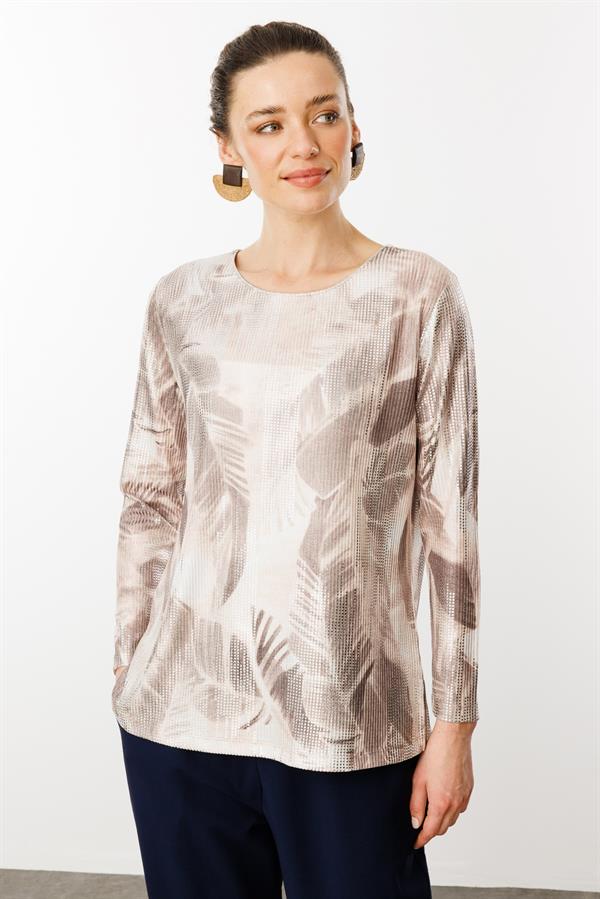 Kadın Sıfır Yaka Renkli Yaprak Desenli Bluz Vizon