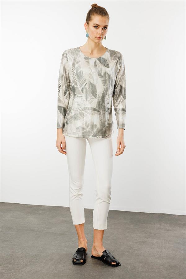 Kadın Sıfır Yaka Renkli Yaprak Desenli Bluz Haki