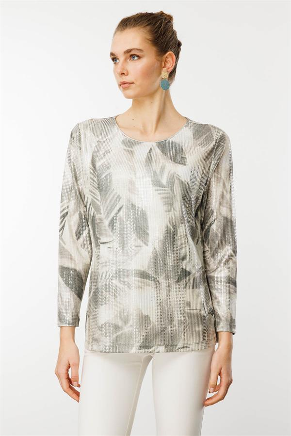 Kadın Sıfır Yaka Renkli Yaprak Desenli Bluz Haki